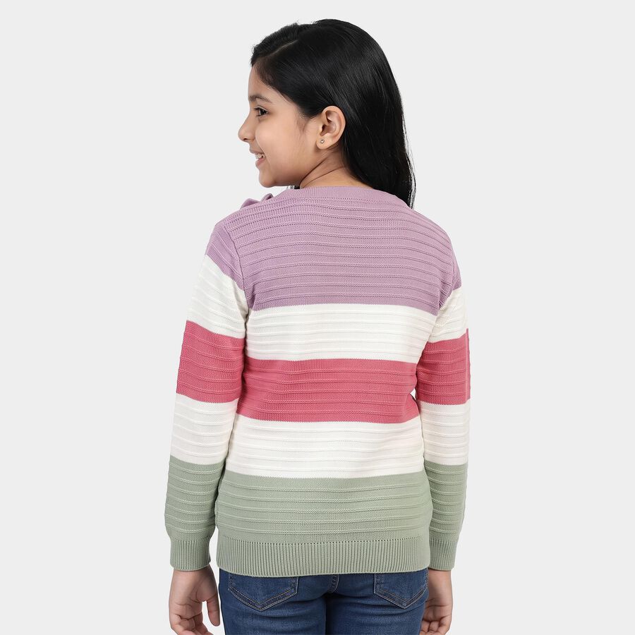 Girls Pink Crew Neck Striped Pullover, Pink, large
