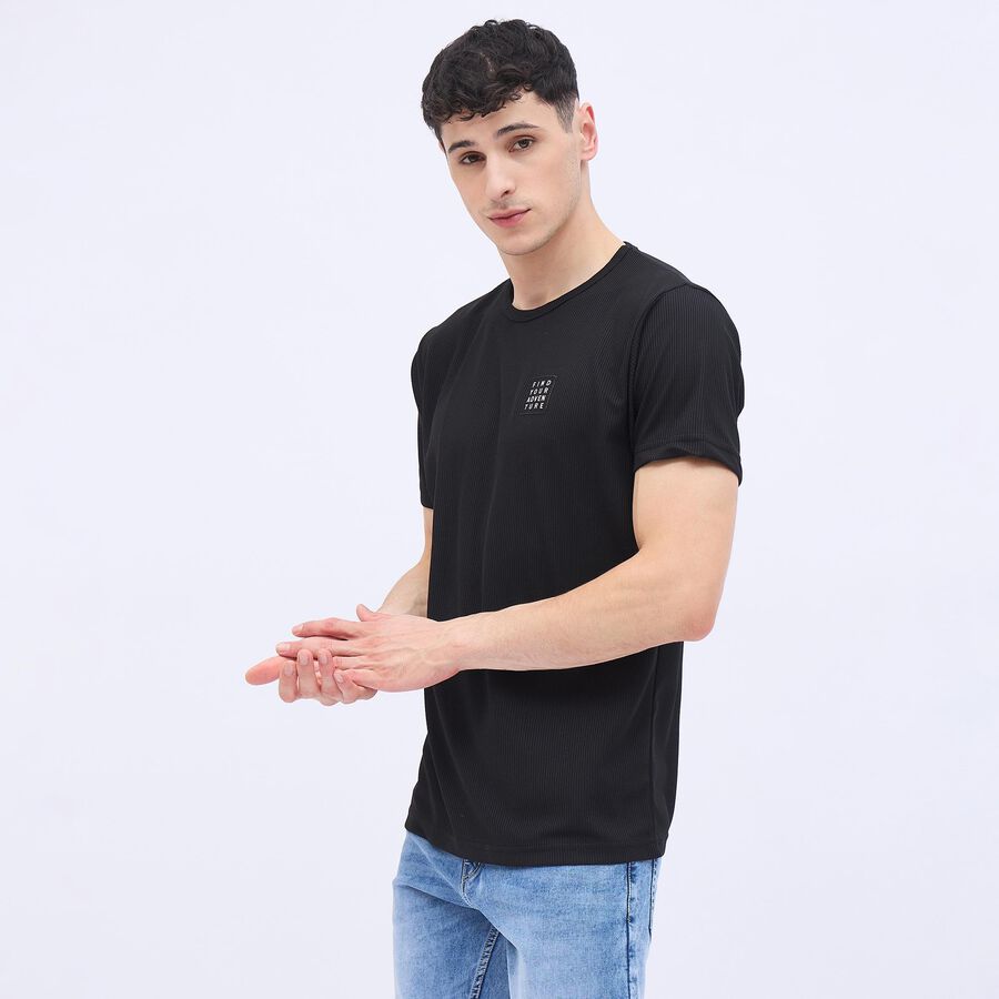 Men's Jet Black Crew Neck Athleisure T-Shirt, काला, large
