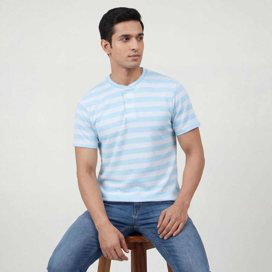 Men's Aqua Henley Neck Casual Half Sleeve T-Shirt, Aqua, large
