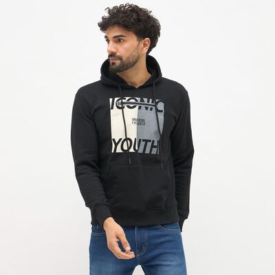 Men's Jet Black Hooded Neck Casual Sweatshirt, काला Men's Jet Black Hooded Neck Casual Sweatshirt
