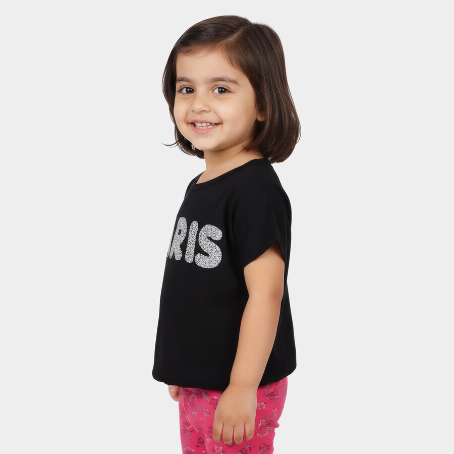 Girls Black Cotton Round Neck Casual T-Shirt, काला, large
