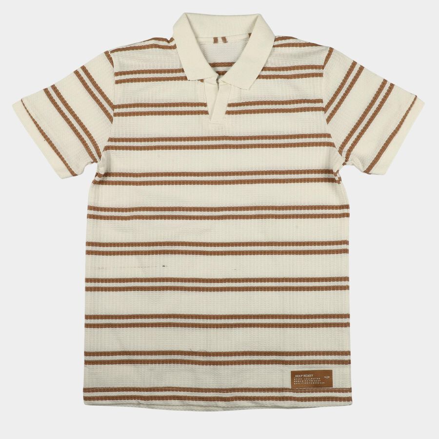 Boys Beige Round Neck Casual T-Shirt, गहरा पीला, large