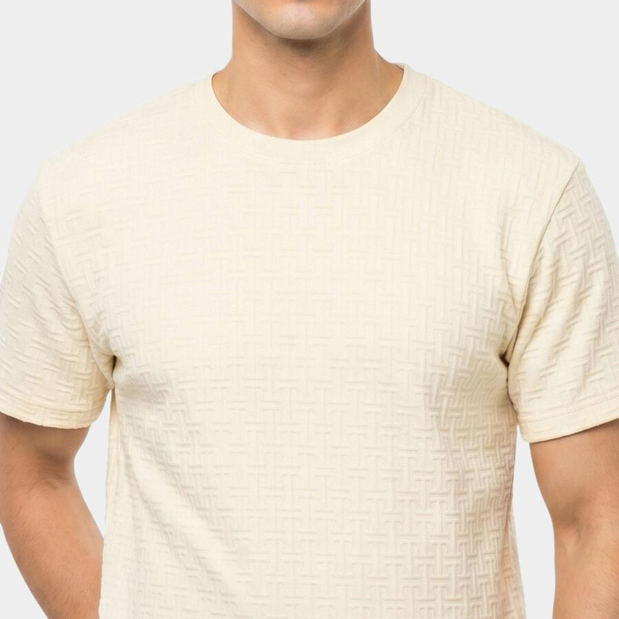Men's Grey Round Neck Regular T-Shirt, Ecru Melange, large