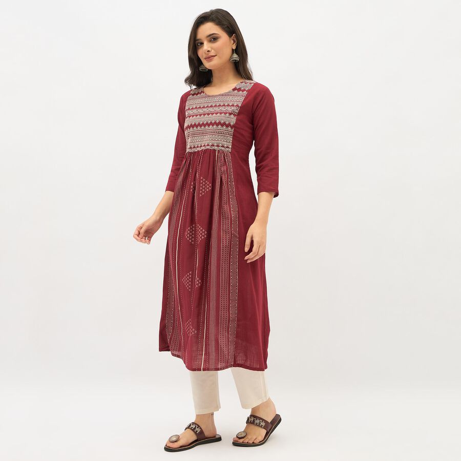Women's Maroon Cotton Round Neck Printed Kurta, Maroon, large image number null