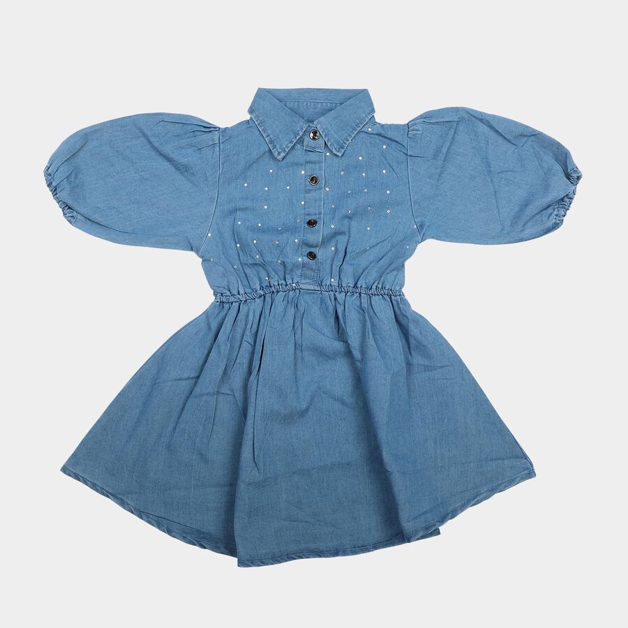 Girls' Blue Fit and Flare Embellished Shirt Collar Frock, मध्यम नीला, large