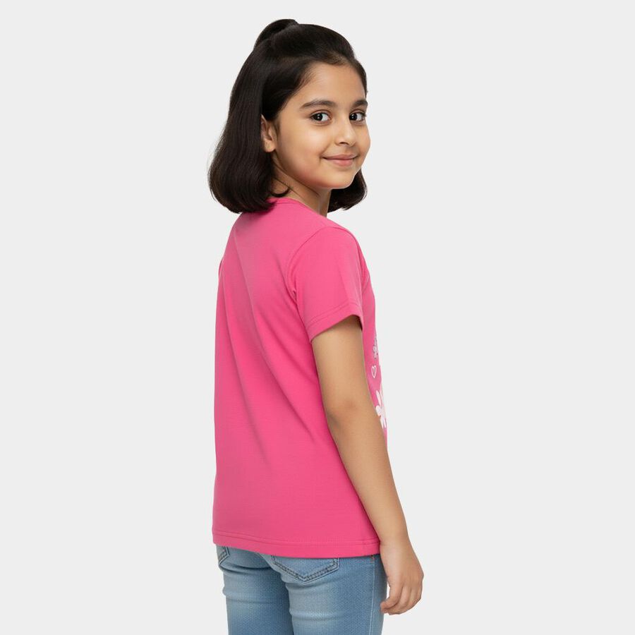 Girls' Bright Pink Cotton Round Neck Casual T-Shirt, रानी (फ्यूशिया), large image number null