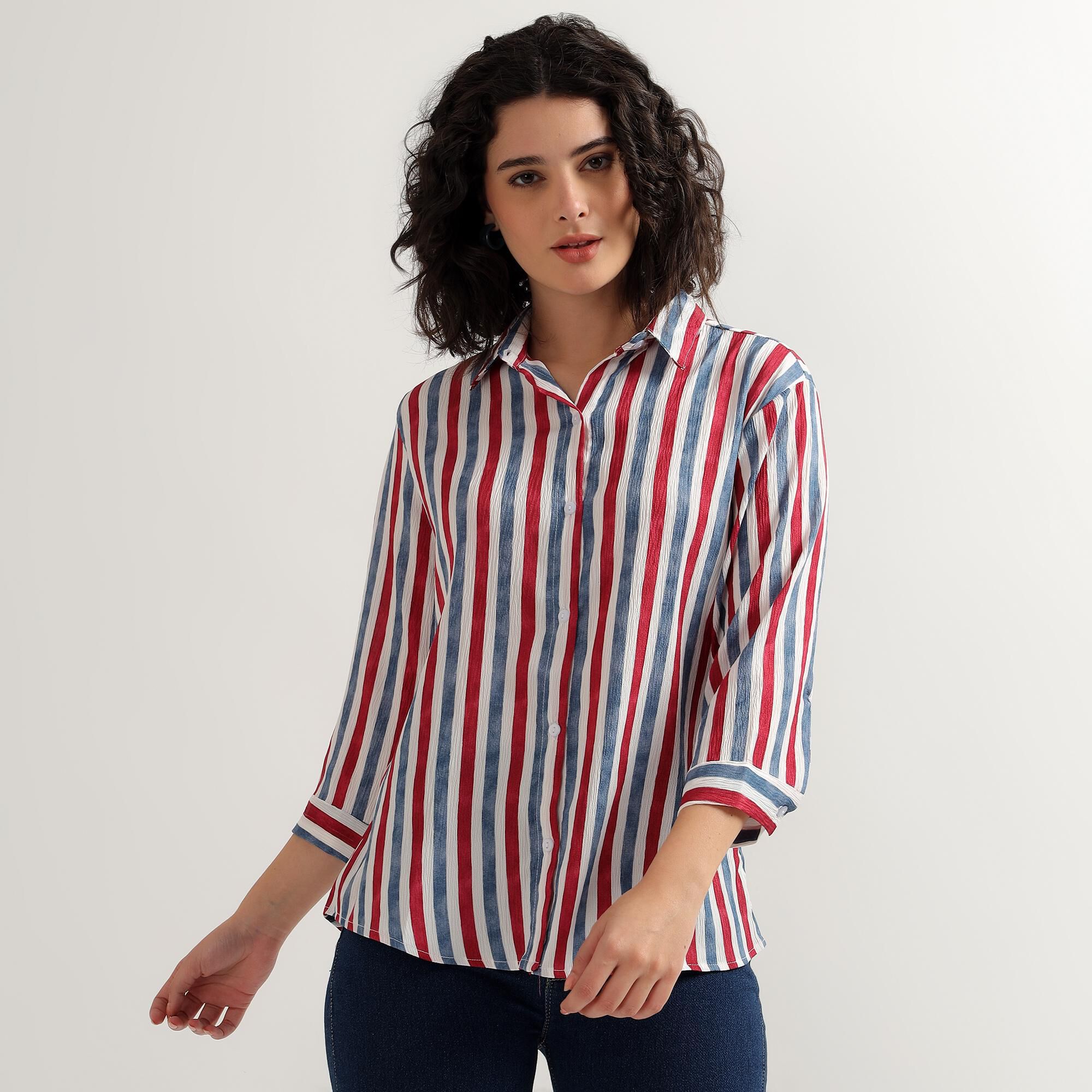 Lucky Charm Women's Bright Red and Navy Blue Collar Casual Shirt