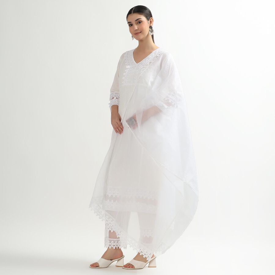 Women's White Cotton Embroidered Ethnic Set, Off White, large image number null
