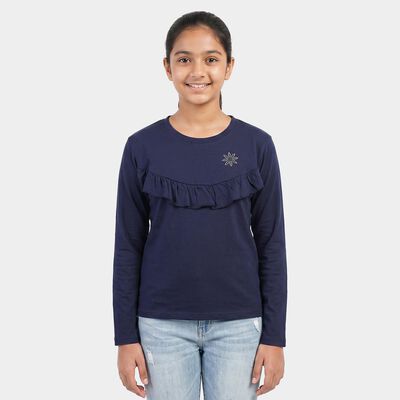Girls' Navy Blue Round Neck Regular Top