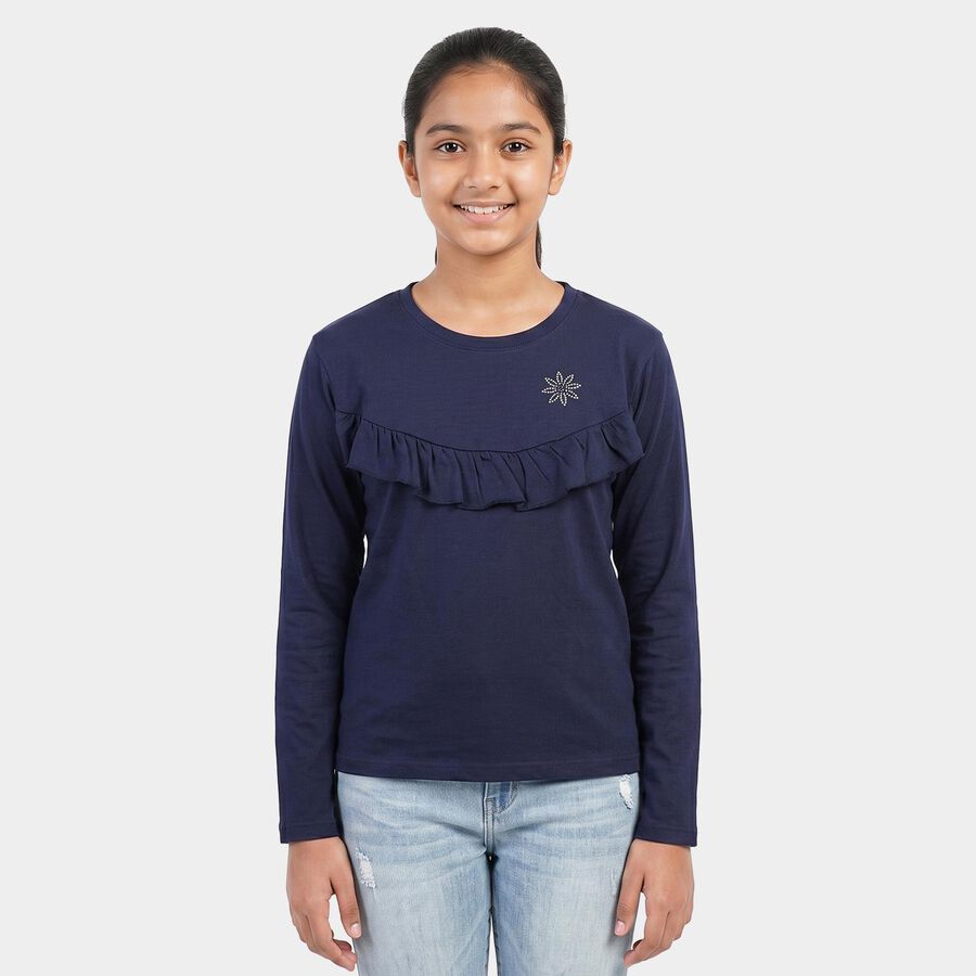 Girls' Navy Blue Round Neck Regular Top, नेवी ब्लू, large