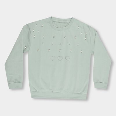 Girls Light Sage Green Crew Neck Casual Sweatshirt