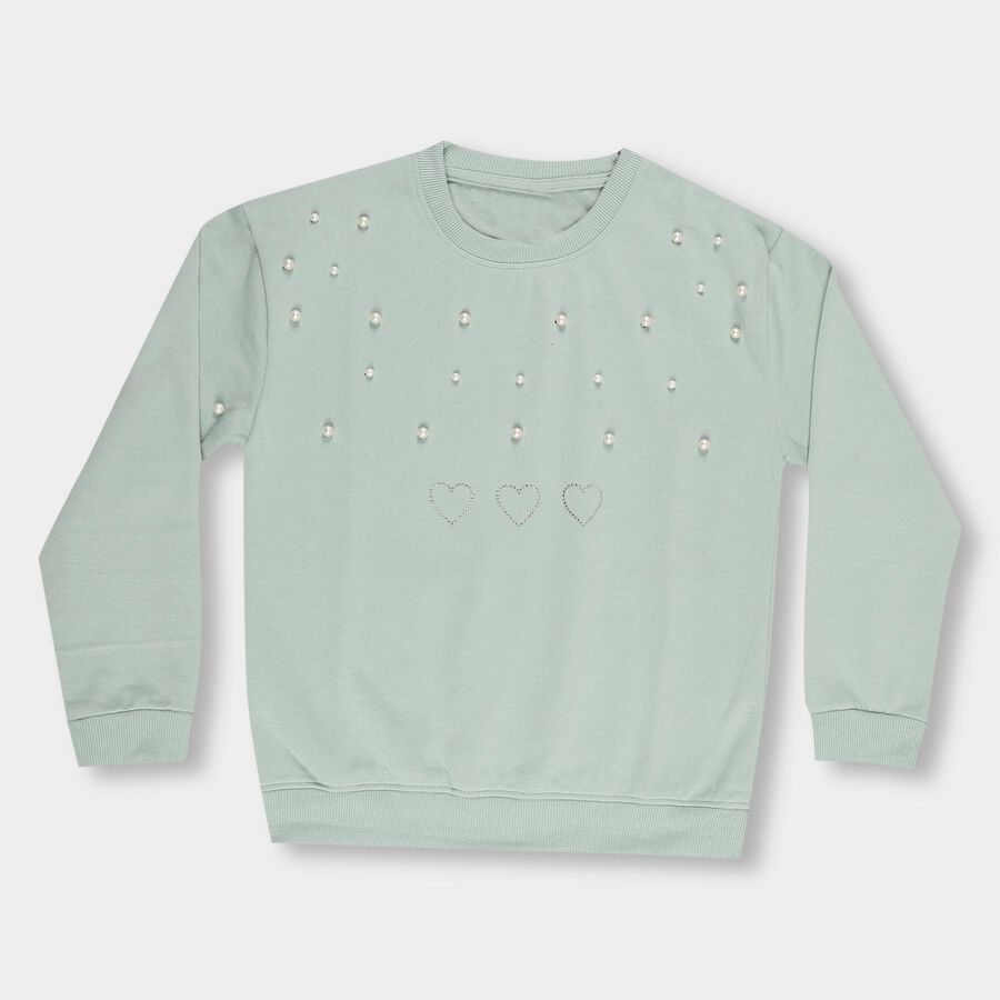 Girls Light Sage Green Crew Neck Casual Sweatshirt, हल्का हरा, large image number null