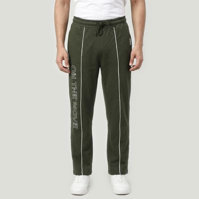 Men's Olive Green Straight Fit Printed Track Pants