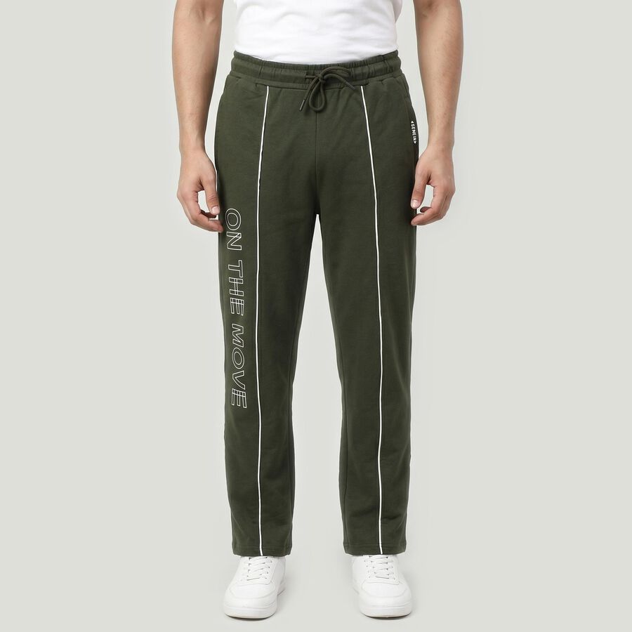 Men's Olive Green Straight Fit Printed Track Pants, Olive, large