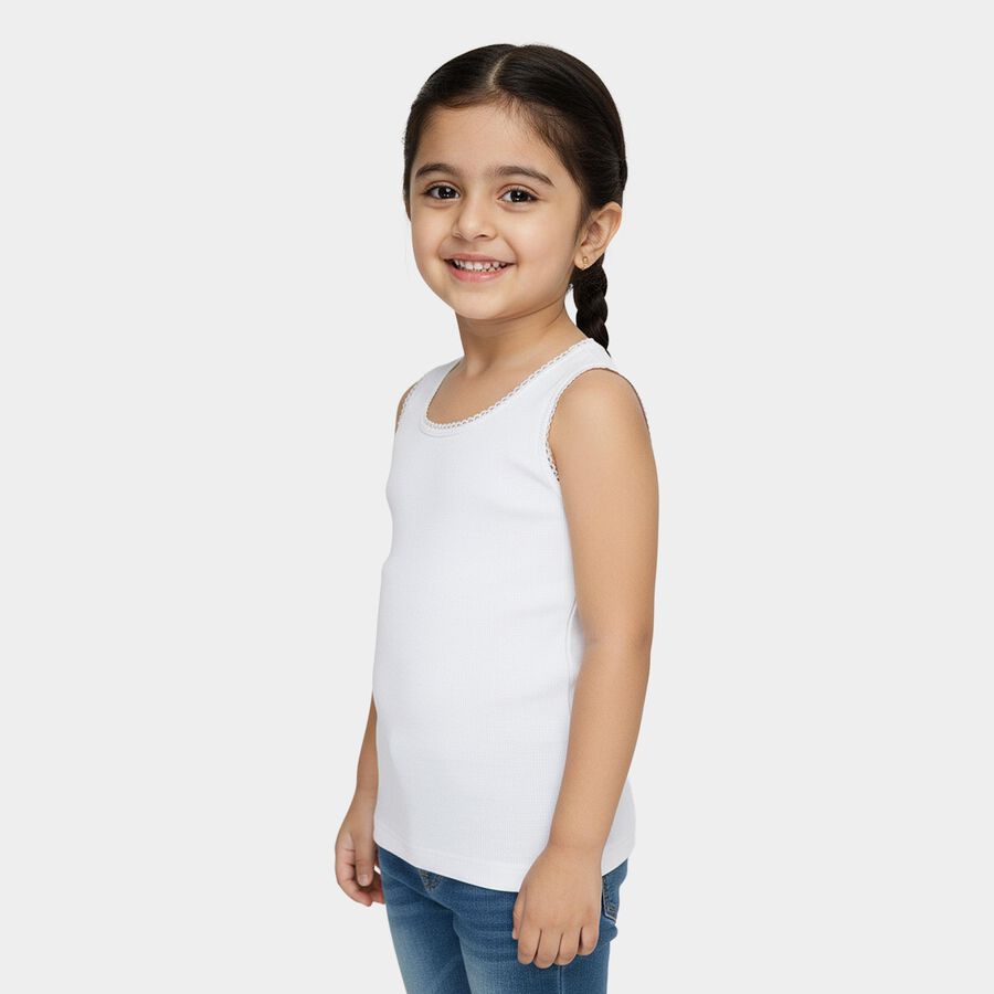 Girls' White Cotton Round Neck Classic Vest, सफ़ेद, large