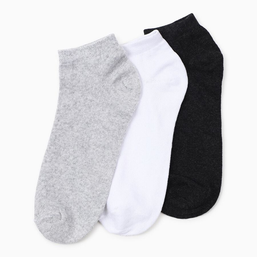 Men's Ankle Length Socks Pack of 3 ( Grey Melange, White, Black ), Black, large