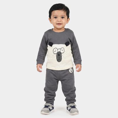 Infants' Grey Cotton Round Neck Graphic Print Baba Suit