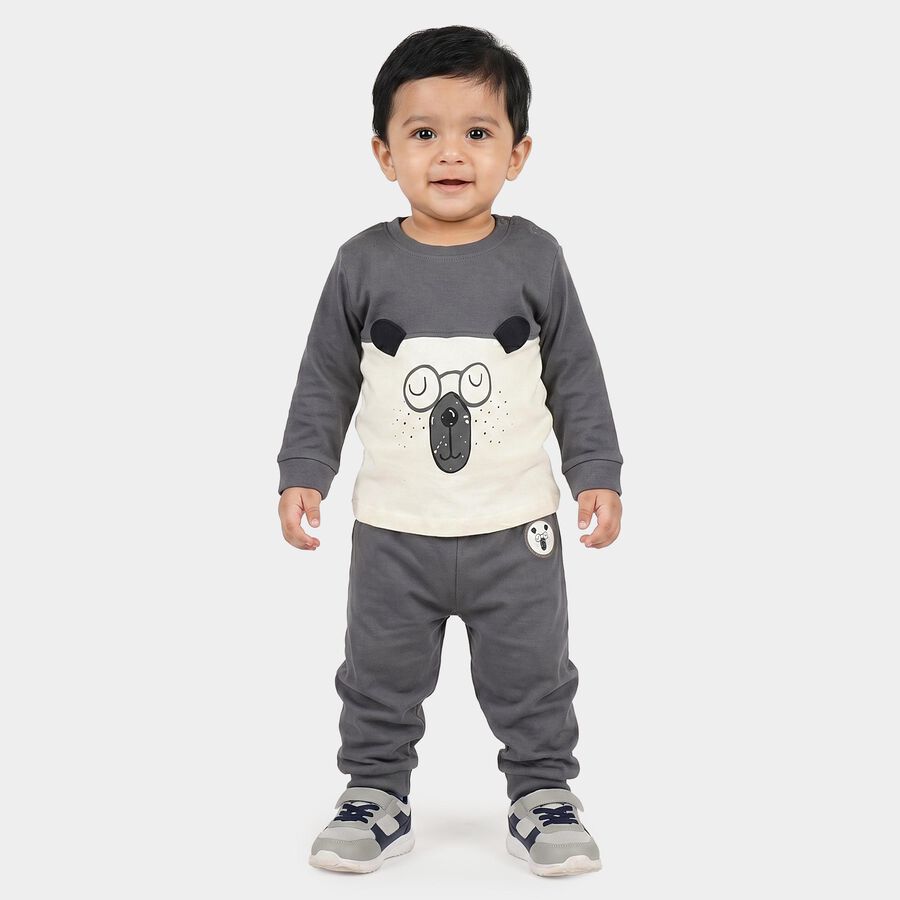 Infants' Grey Cotton Round Neck Graphic Print Baba Suit, Dark Grey, large