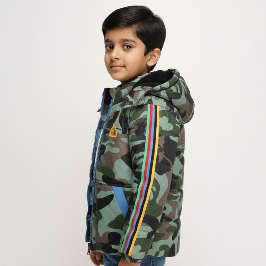 Boys' Green Hooded Casual Jacket, Dark Green, large image number null