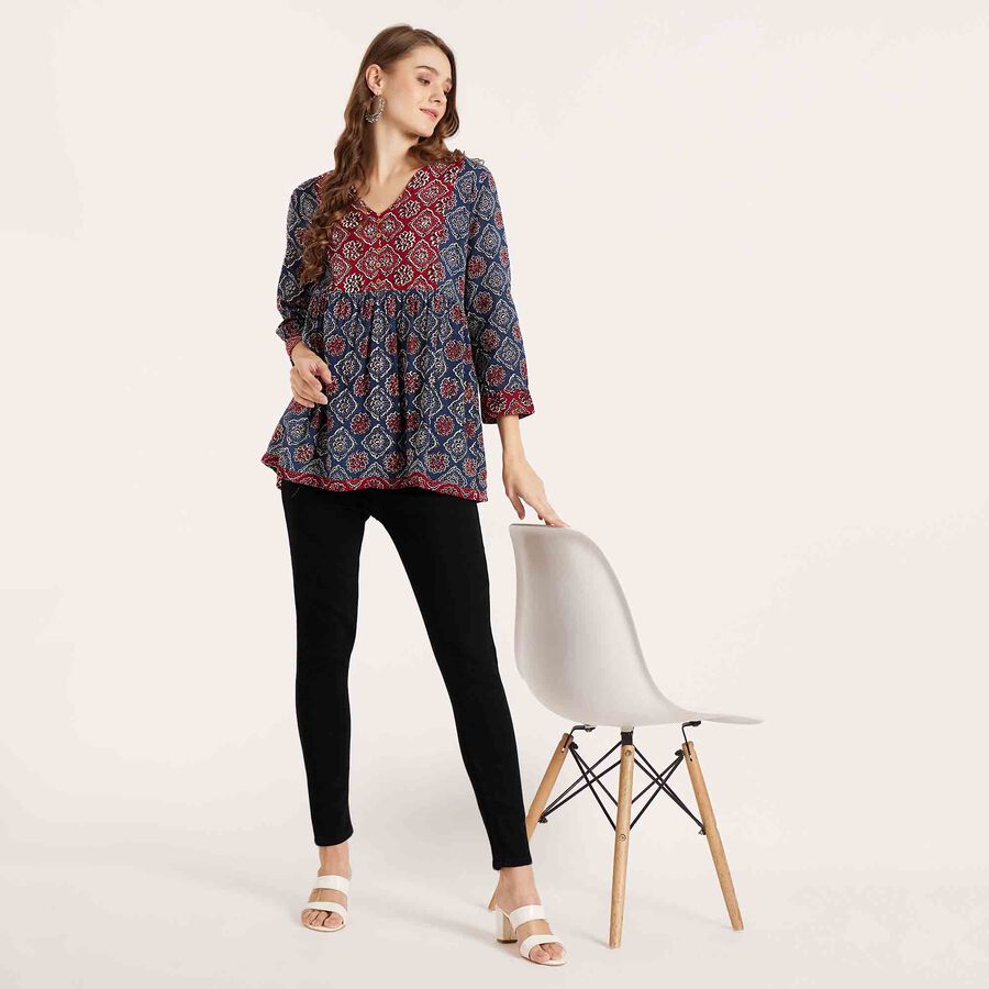 Printed 3/4th Sleeve Kurti, Dark Blue, large image number null