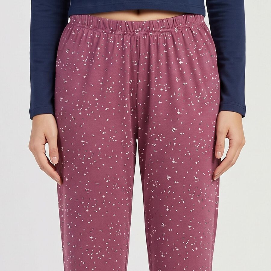 Women's Purple Straight Fit Printed Lounge Pyjama, बैंगनी, large