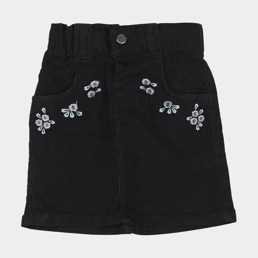 Girls' Black Regular Fit Embroidered Denim Skirt, काला, large