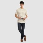 Men's Cream Round Neck Striped Regular T-Shirt, ऑफ व्हाइट, small