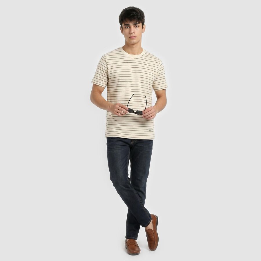 Men's Cream Round Neck Striped Regular T-Shirt, ऑफ व्हाइट, large