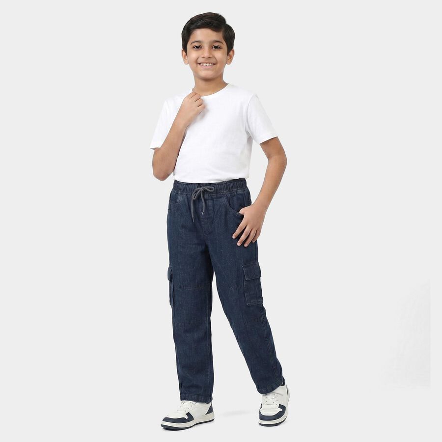 Boys' Navy Blue Straight Fit Cargo Jeans, मध्यम नीला, large
