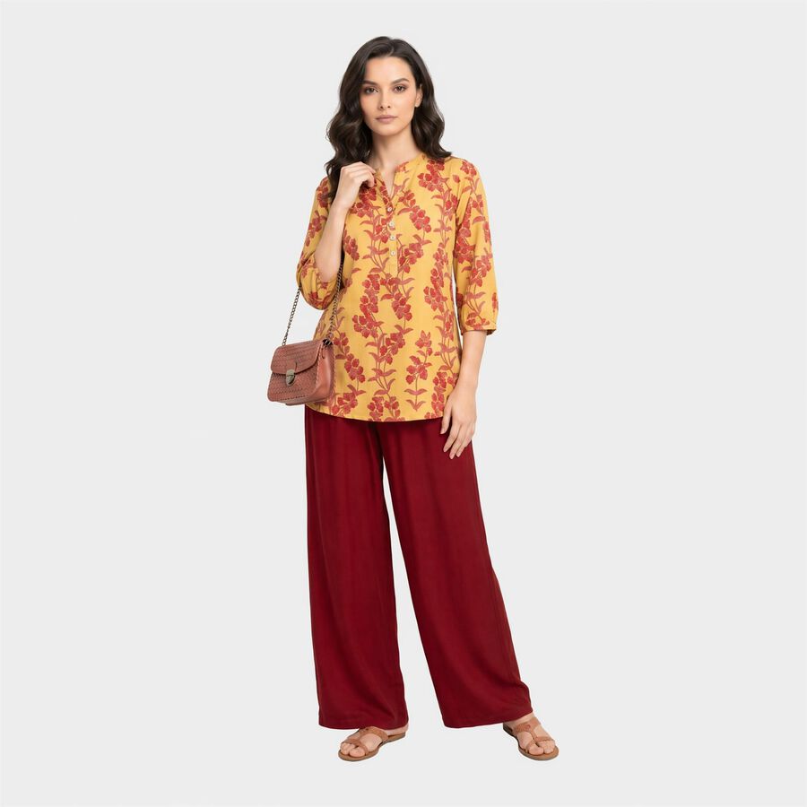 Women's Yellow Mandarin Collar Floral Printed Kurti, मस्टर्ड, large