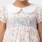 Girls' White Floral Printed Smocked Fit and Flare Frock, Off White, small