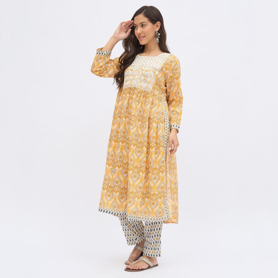 Women's Bright Mustard Yellow Printed Ethnic Set, Yellow, large image number null