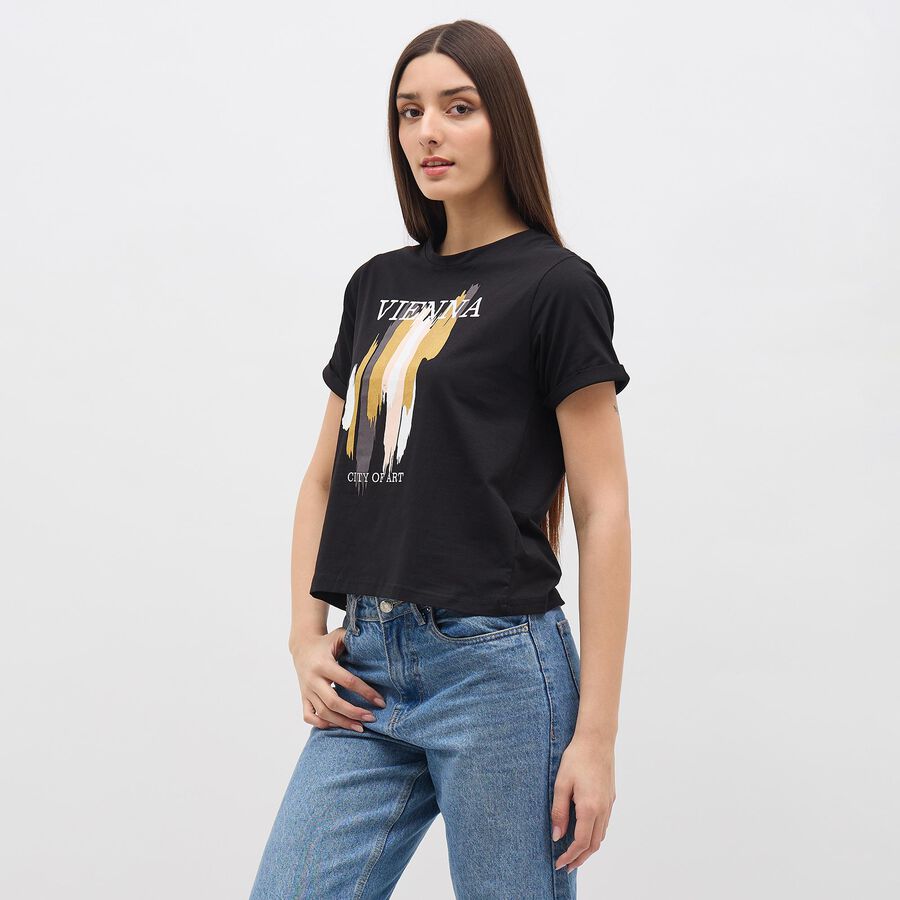 Women's Jet Black Round Neck Casual Graphic T-Shirt, Black, large image number null