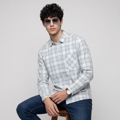 Men's Light Blue 100% Cotton Checked Casual Shirt