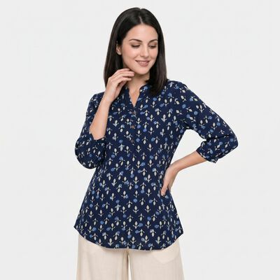 Women's Navy Blue Mandarin Collar Floral Printed Straight Kurti