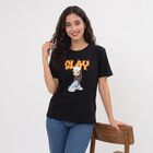 Women Black Cotton Round Neck Regular Graphic Print T-Shirt, Black, small