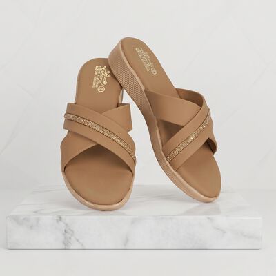 Women's Beige Embellished Slip-On Slide Sandals