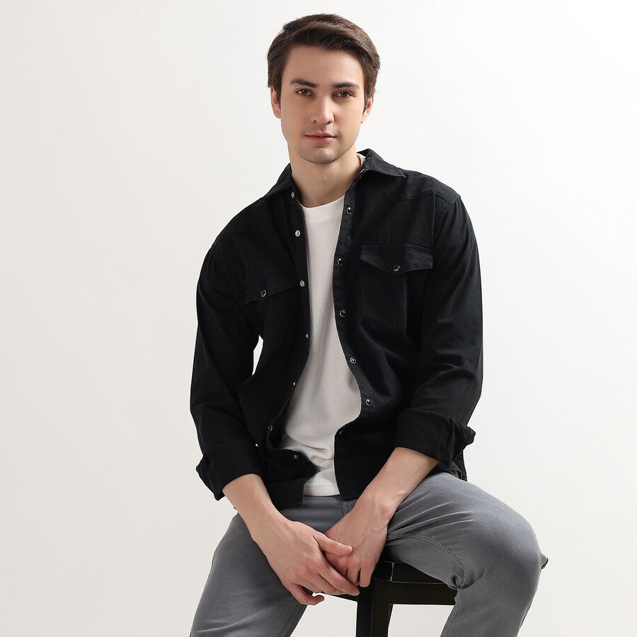 Men's 100% Cotton Regular Collar Casual Shirt, Black, large image number null