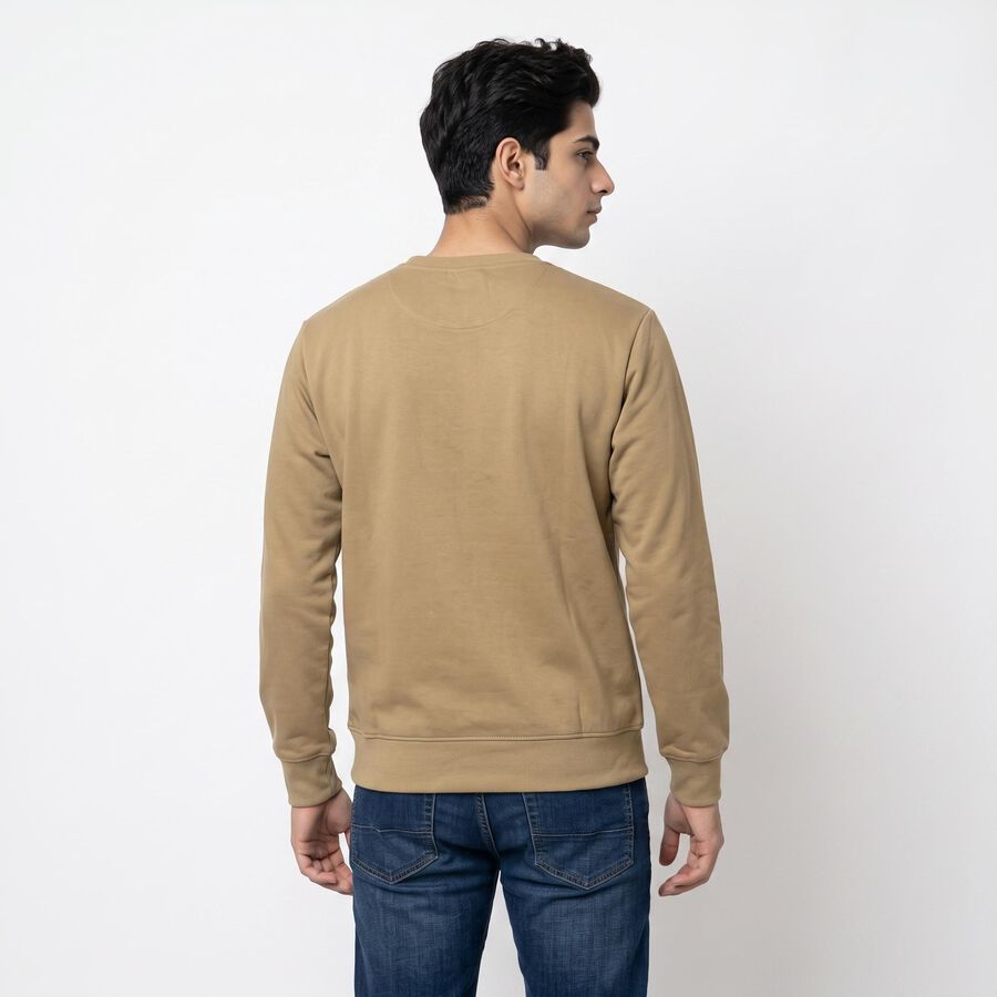 Men Beige Crew Neck Pullover Sweatshirt, Beige, large