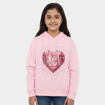 Girls Light Pink Hooded Neck Graphic Sweatshirt