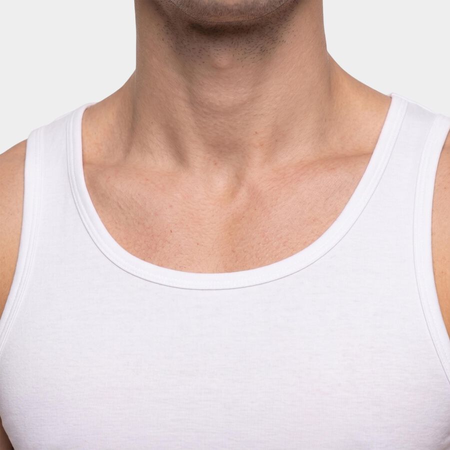Men's White Cotton Round Neck Sleeveless Vest, White, large