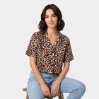 Women's Brown Animal Print Camp Collar Shirt, भूरा, small