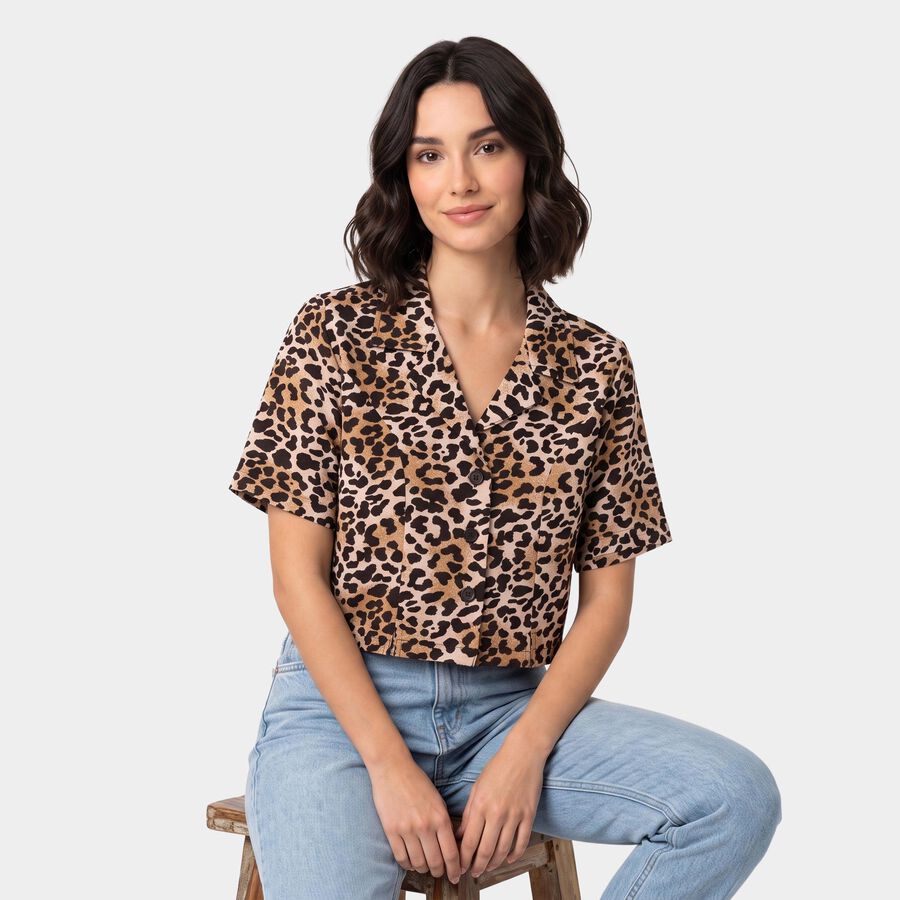 Women's Brown Animal Print Camp Collar Shirt, भूरा, large