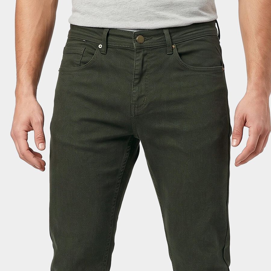 Men's Olive Green Slim Fit Solid Jeans, ओलिव, large