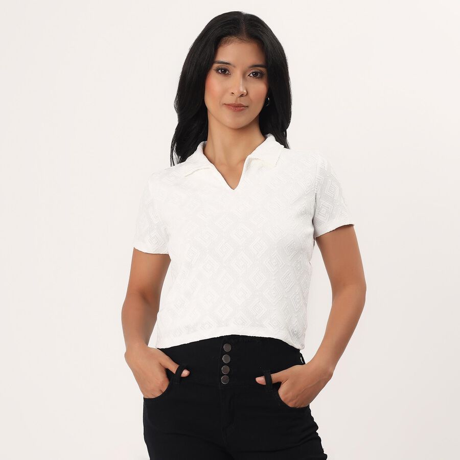 Women's White Polo Neck Solid Polo T-Shirt, सफ़ेद, large