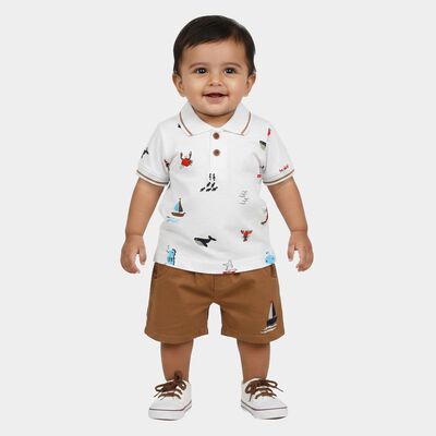 Infants' Beige 100% Cotton Polo Neck Graphic Print Baba Suit