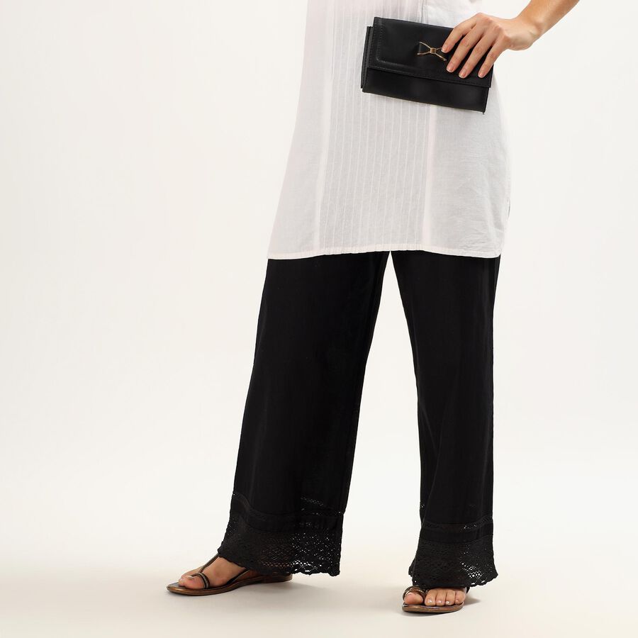 Women's Jet Black Regular Fit Lace Hem Palazzos, Black, large image number null