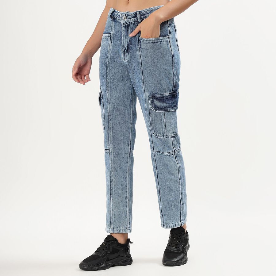 Women's Stonewashed Blue Cargo Fit Jeans, Mid Blue, large image number null