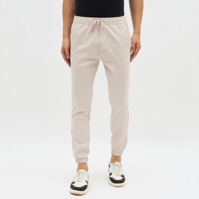 Men's Light Beige Slim Fit Elastic Waist Jogger Trousers