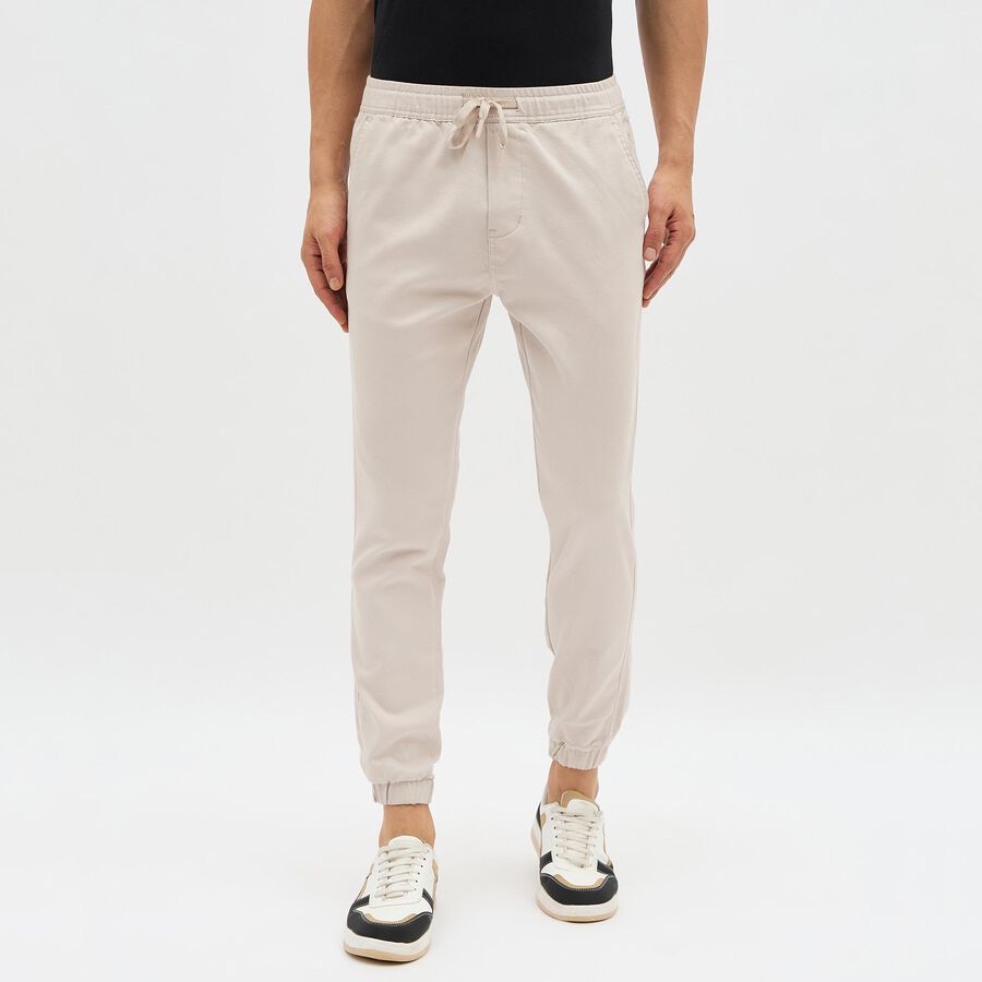 Men's Light Beige Slim Fit Elastic Waist Jogger Trousers, सिल्वर, large image number null